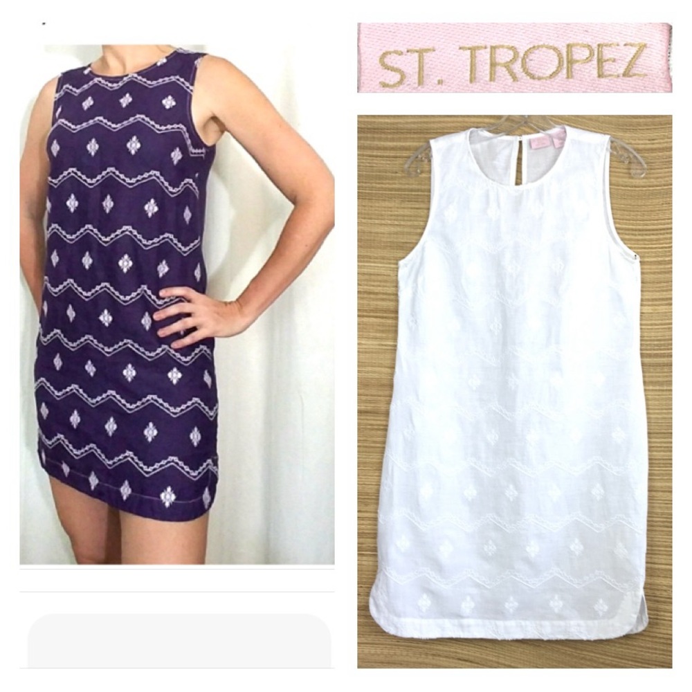 St Tropez 100% Linen Embroidered Front Sleeveless Shift Dress White/Cream Size 6